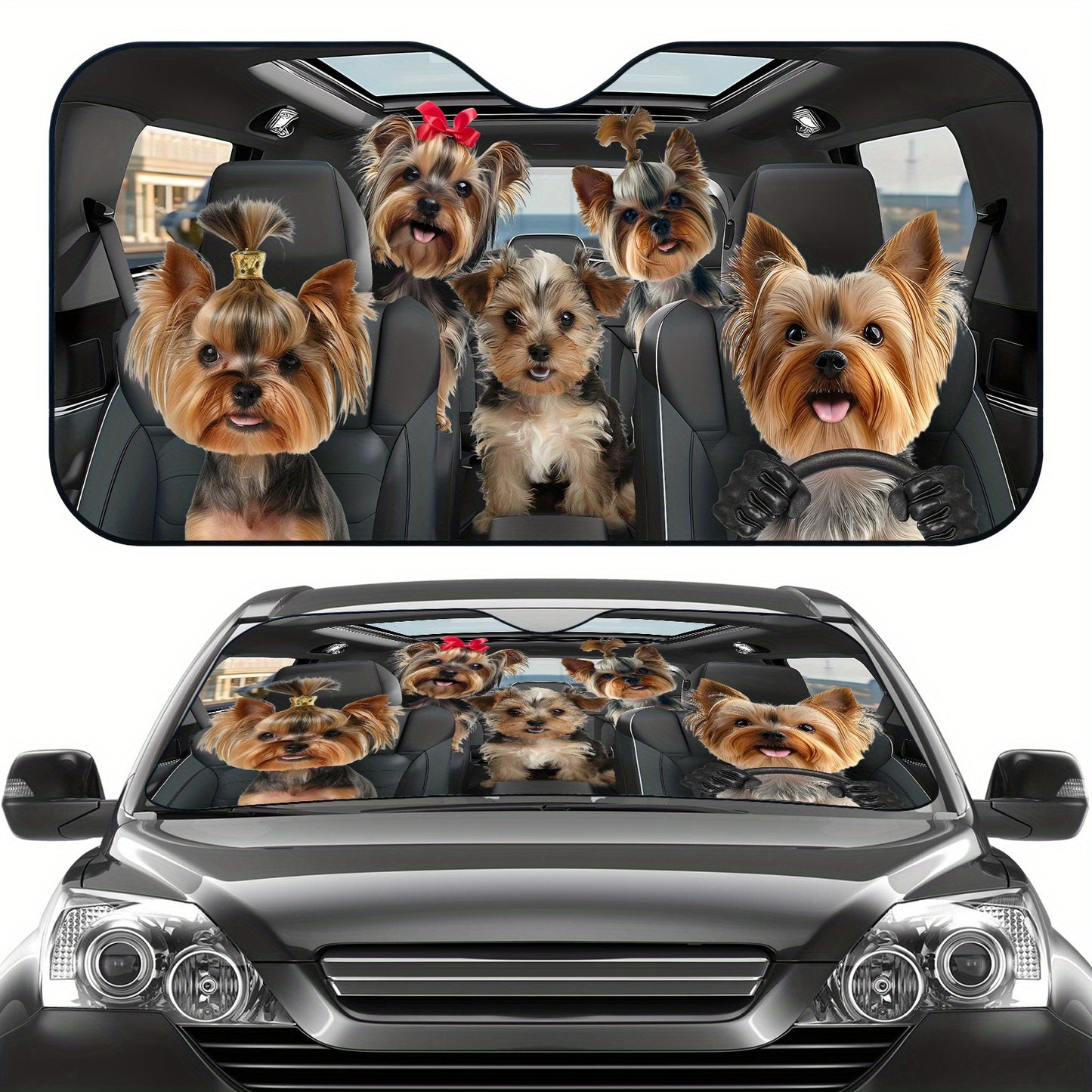 Sun Protection, 1pc-Sunshades-Windshield Sunshades, Yorkies in Car with Playful Attire The Pattern Design, Foldable, Car Interior Protection, Suitable for Most Car, SUV And Truck Windshield Sunshades, Gifts Suitable for Dog Lovers