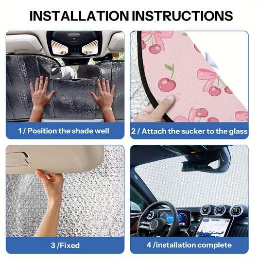 Sun Protection, 1pc-Windshield Sunshades, Pink Cherries And Bows Pattern The Pattern Design, Foldable, Car Interior Protection, Suitable for Most Car, SUV And Truck Windshield Sunshades, The Perfect Gift for a Friend